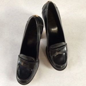 TORY BURCH Black Penny Loafer Stacked Heel Pumps